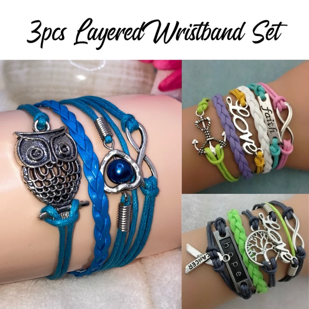 3pcs Cool Faux Leather Layered Charm Wristband Set